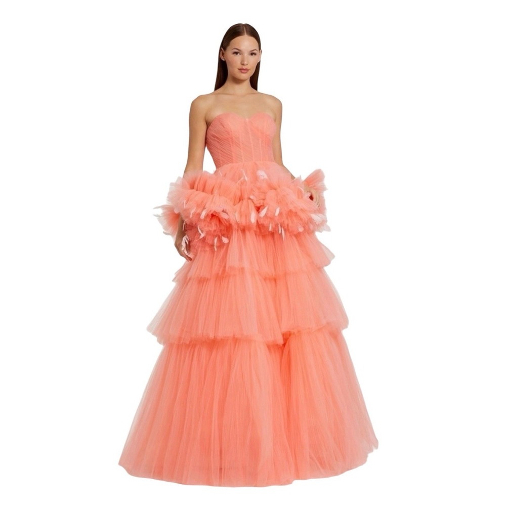 Mac Duggal 20572 Coral Strapless Feather Trim Tiered Tulle Ball Gown Size 4 $998